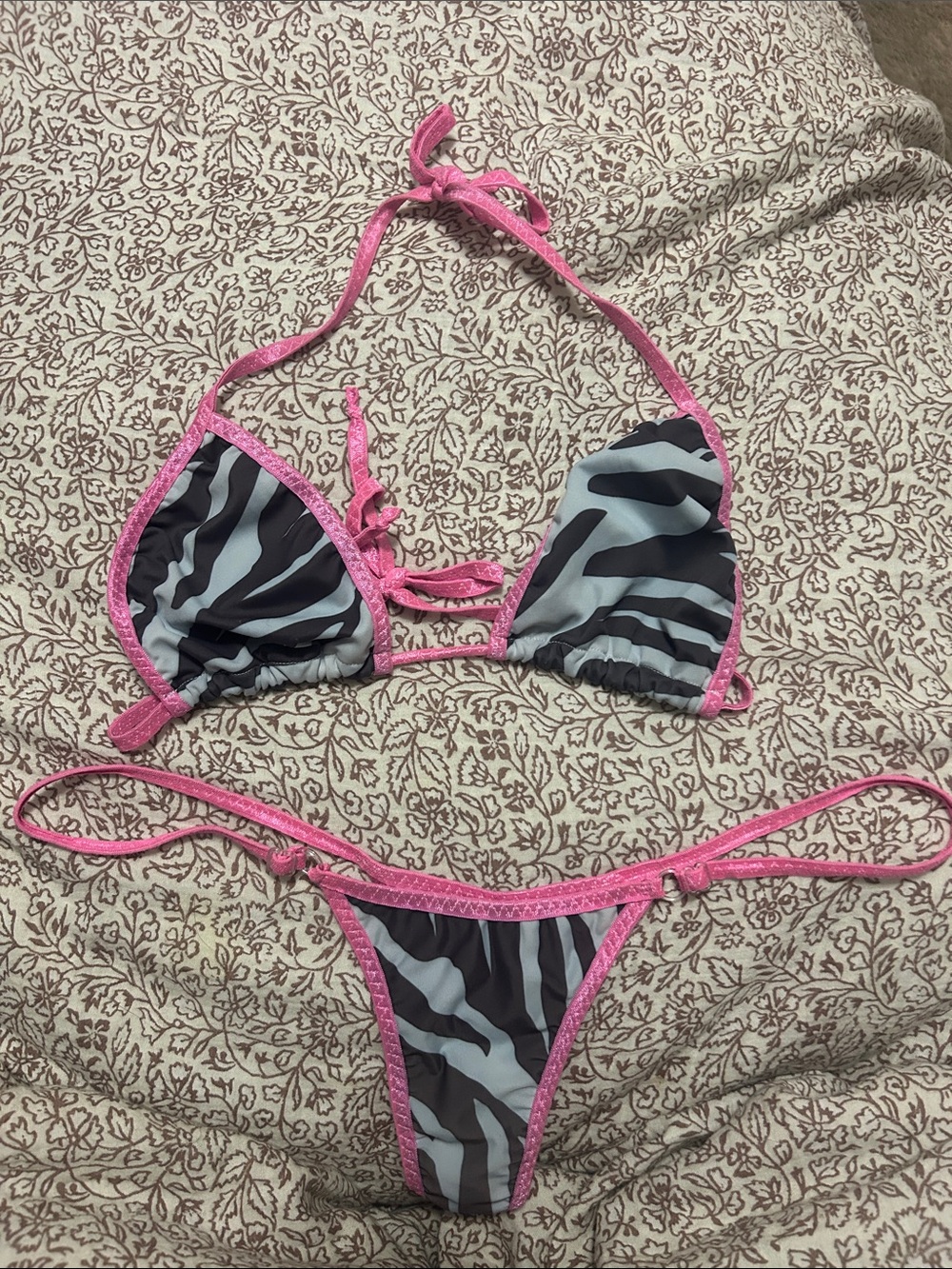 Pink-Trim Zebra Print Triangle Bikini